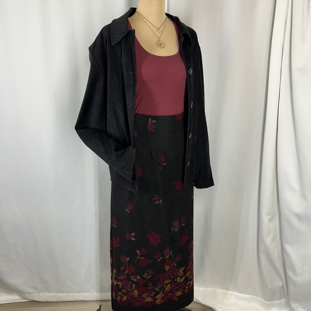 Briggs‎ NY 2 Pc Poly Suede Floral Skirt Set Jacket 1X Skirt 20W Plus